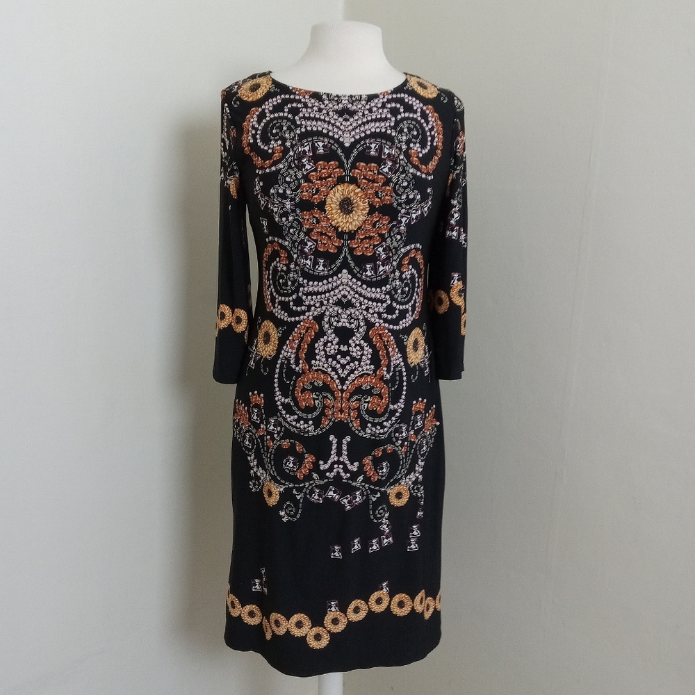 Ronni Nicole Black Gold Floral Paisley Partially Lined 3/4 Sleeve Pop Over Dress